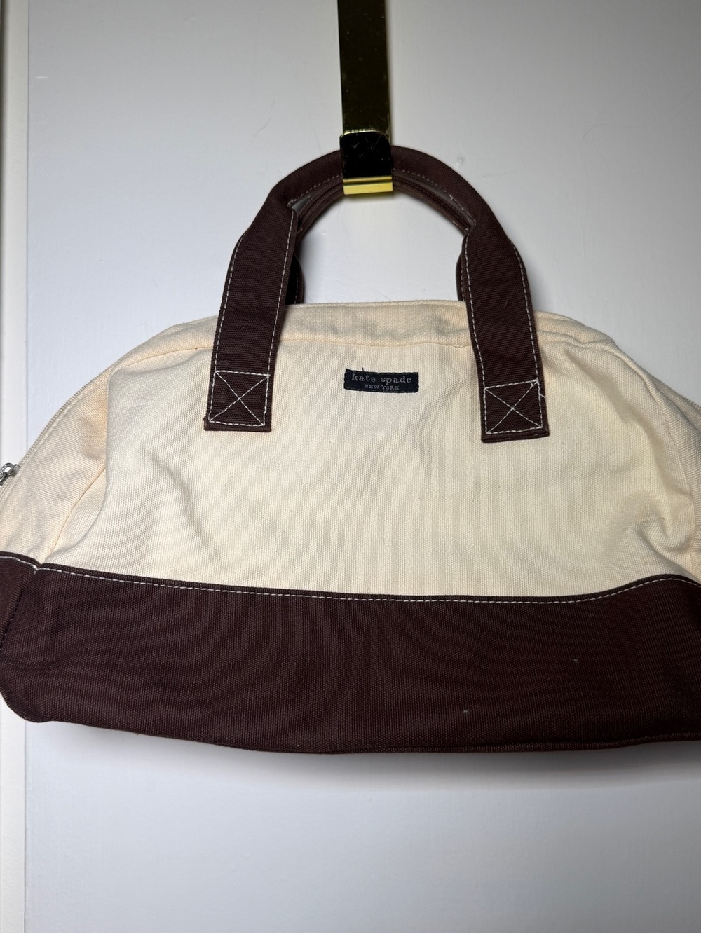 kate spade Two-Tone Canvas Satchel Purse Bag in Cream and Dark Brown Vintage Y2K